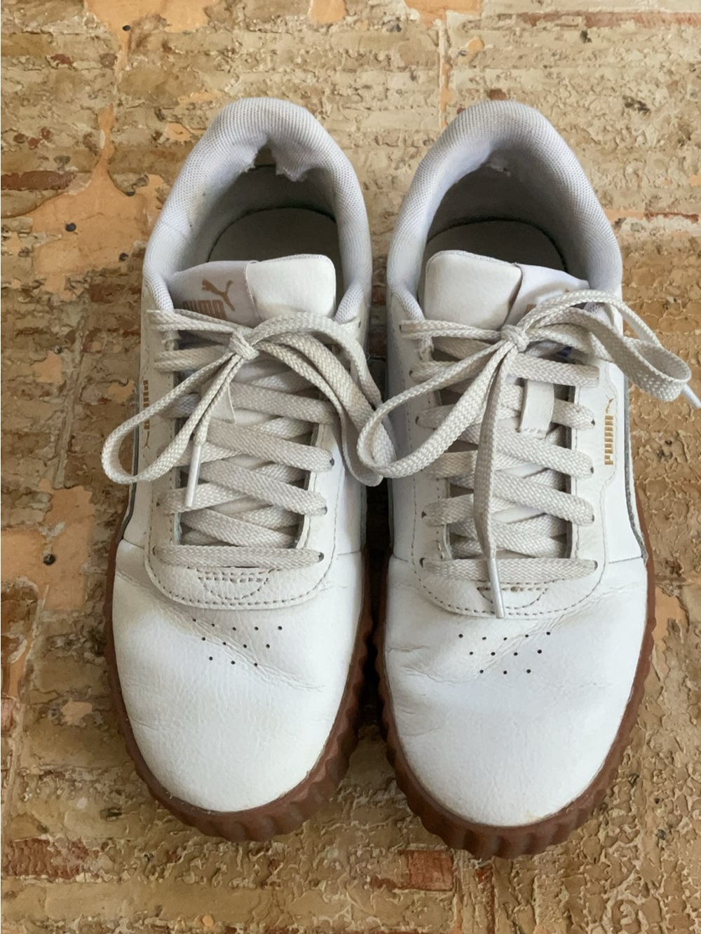 Puma White Leather Sneakers with Brown Gum Outsole